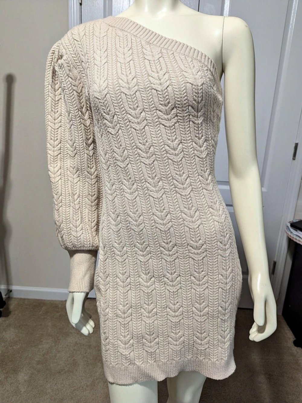 entro One-Shoulder Cable Knit Mini Dress in Cream